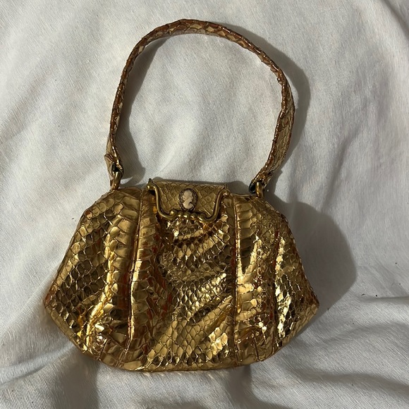 Vintage Handbags - G. Papini Firenze Gold Metallic Leather Crocodile Mini Cameo Evening Bag